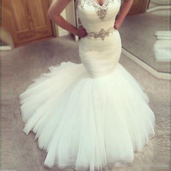 elegant mermaid wedding dresses luxury beaded crystal sweetheart neckline ruched organza sweep train 2019 custom made chapel wedding gowns, White
elegant mermaid wedding dresses luxury beaded crystal sweetheart neckline ruched organza sweep train 2019 custom made chapel wedding gowns, White