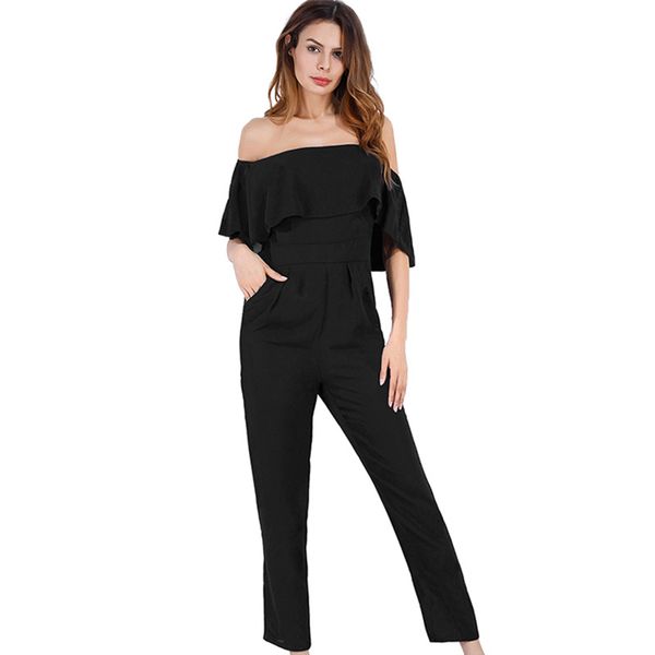 off shoulder ruffled jumpsuit for womens new short sleeve chiffon jumpsuit rompers, Black;white