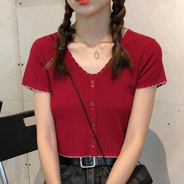 women 2020 t shirt women fashion knitted button short sleeve v-neck solid slim short harajuku summer femme clothes #, White
women 2020 t shirt women fashion knitted button short sleeve v-neck solid slim short harajuku summer femme clothes #, White