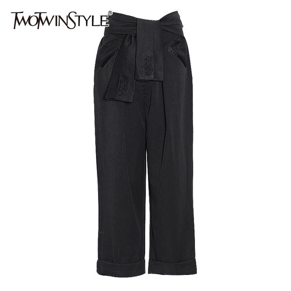 twotwinstyle lace up pant female high waist with sashes tunic long casual straight loose pants for women fashion clothing tide, Black;white 
twotwinstyle lace up pant female high waist with sashes tunic long casual straight loose pants for women fashion clothing tide, Black;white