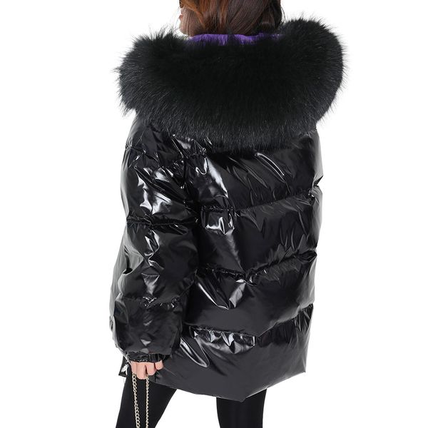 fashion loose winter down jacket natural fox fur collar down park jacket, Black