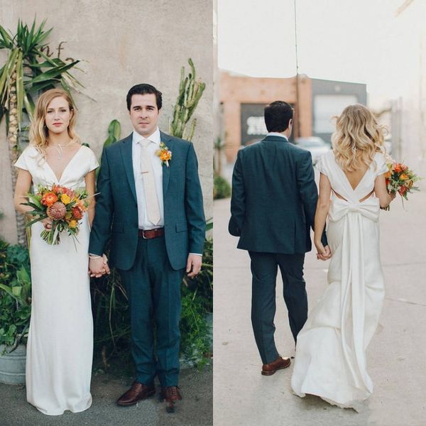 2019 simple beach wedding dress elegant v neck short sleeve vestido de noiva backless bow boho wedding dresses, White
2019 simple beach wedding dress elegant v neck short sleeve vestido de noiva backless bow boho wedding dresses, White