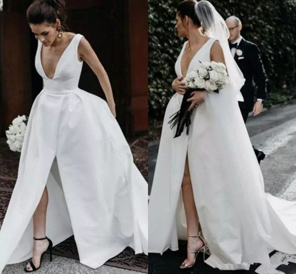 simple satin country wedding dresses deep v neck bohemian low backless bridal gowns split front western uk beach garden robes, White
simple satin country wedding dresses deep v neck bohemian low backless bridal gowns split front western uk beach garden robes, White