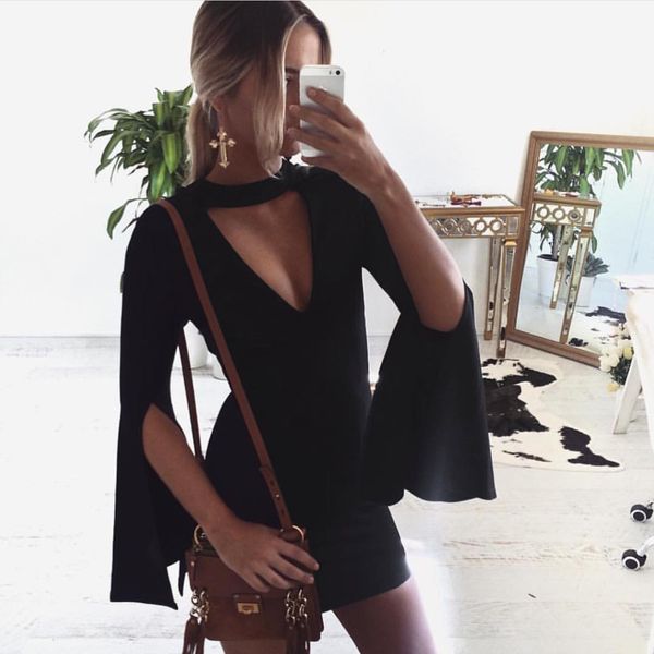 womens designer fashion dressautumn black open trumpet sleeve v-neck slim dress m5ty, Black;gray
womens designer fashion dressautumn black open trumpet sleeve v-neck slim dress m5ty, Black;gray
