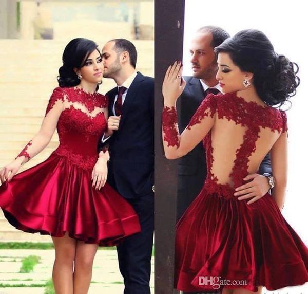 2019 elegant burgundy formal homecoming dresses lace applique crew neck tulle long sleeves satin a-line knee length cocktail party gowns, Black
2019 elegant burgundy formal homecoming dresses lace applique crew neck tulle long sleeves satin a-line knee length cocktail party gowns, Black