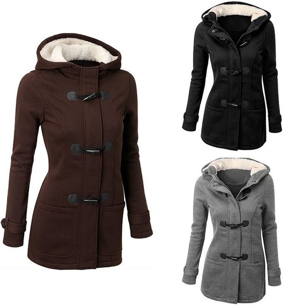 women's horn buckle pocket hooded long sleeve jacket hoodies outwear coats warm coat, Black;brown
women's horn buckle pocket hooded long sleeve jacket hoodies outwear coats warm coat, Black;brown