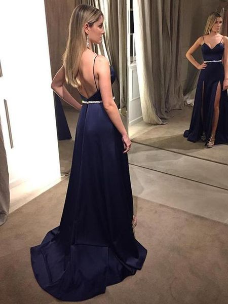 spaghetti straps sweetheart navy prom dresses with double splits backless long prom gowns with beaded waist evening gowns, Black
spaghetti straps sweetheart navy prom dresses with double splits backless long prom gowns with beaded waist evening gowns, Black