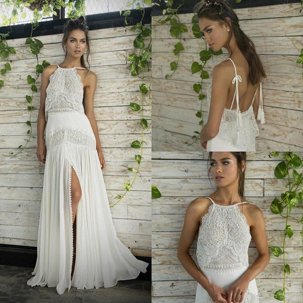 2020 lace boho wedding dress a line backless spaghetti straps applique bohemia bridal gowns sweep train front split beach vestidos de novia, White
2020 lace boho wedding dress a line backless spaghetti straps applique bohemia bridal gowns sweep train front split beach vestidos de novia, White