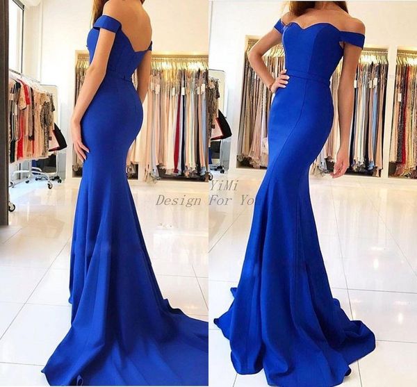 

Royal Blue Mermaid Bridesmaid Dresses 2019 Off Shoulder Backless Sweep Train Simple Garden Country Arabic Wedding Guest Gowns Maid Of Honor