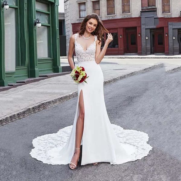 elegant satin boho wedding dresses 2020 lace appliqued court train mermaid bridal gowns high split backless robes de mariee, White
elegant satin boho wedding dresses 2020 lace appliqued court train mermaid bridal gowns high split backless robes de mariee, White