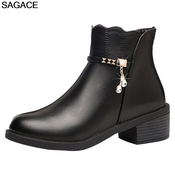 shoes woman women short booties flat pu leather crystal square heel ankle boots for women round toe shoes bota zapatos de mujer, Black