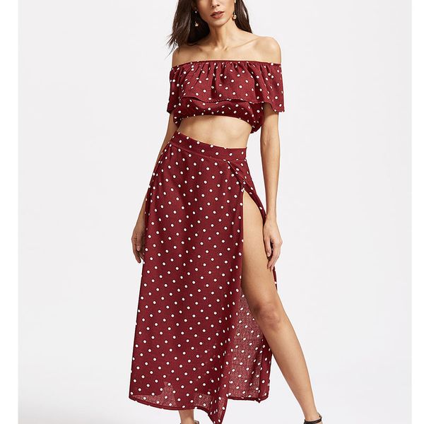 women 2019 off shoulder red vintage polka dot long suit dress summer dress ruffles high split beach dresses, Black;gray
women 2019 off shoulder red vintage polka dot long suit dress summer dress ruffles high split beach dresses, Black;gray
