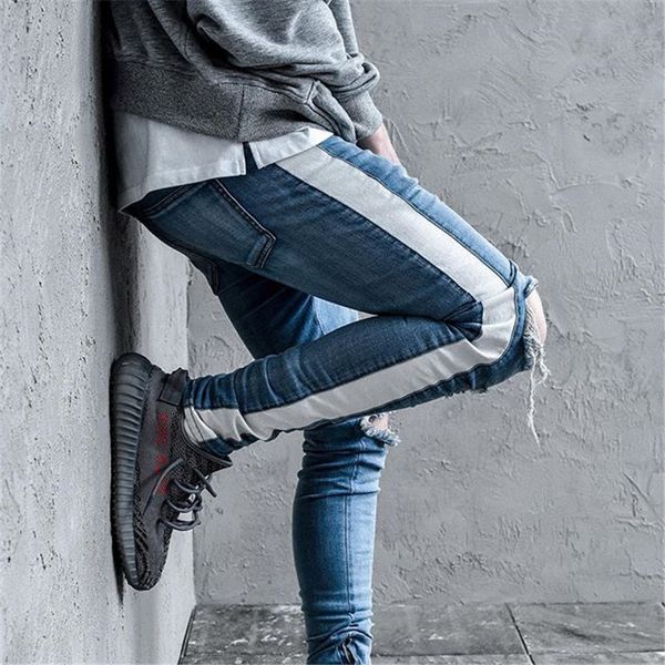 retro white strip knees big destruction hole made old slim side zipper feet jeans, Blue
retro white strip knees big destruction hole made old slim side zipper feet jeans, Blue