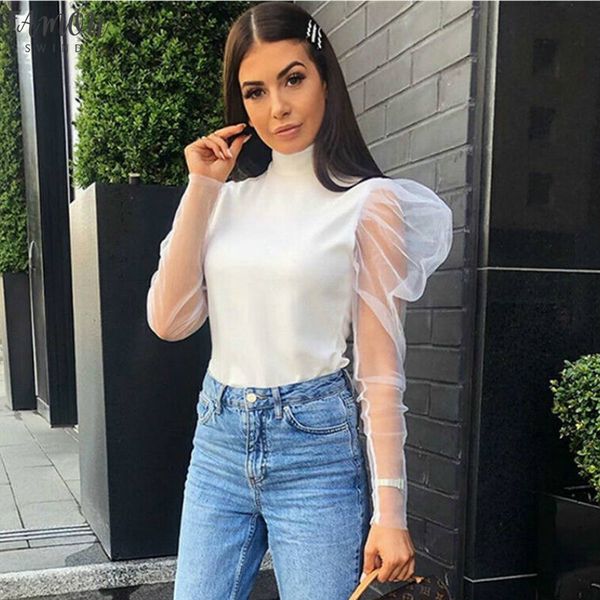 women sheer mesh long puff sleeve turtle neck blouse fashion summer for women, White
women sheer mesh long puff sleeve turtle neck blouse fashion summer for women, White