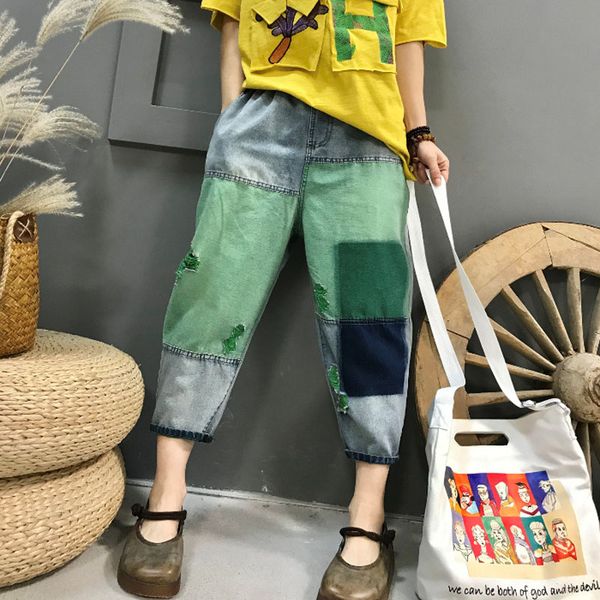 women's jeans hip-hop harem pants contrasting patchwork thin elastic waist denim loose cropped fashion summer 2021, Blue
women's jeans hip-hop harem pants contrasting patchwork thin elastic waist denim loose cropped fashion summer 2021, Blue