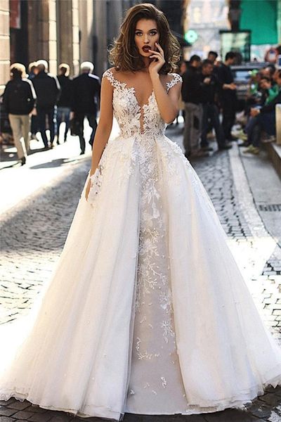 2020 new vintage cap sleeves lace long wedding dresses a line tulle lace applique sheer back bridal gowns with detachable overskirts, White
2020 new vintage cap sleeves lace long wedding dresses a line tulle lace applique sheer back bridal gowns with detachable overskirts, White