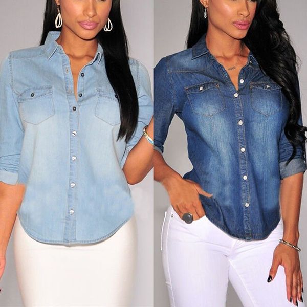 newly casual women denim shirts spring autumn long sleeve turn-down collar blue solid pocket slim shirts 2 style
newly casual women denim shirts spring autumn long sleeve turn-down collar blue solid pocket slim shirts 2 style
