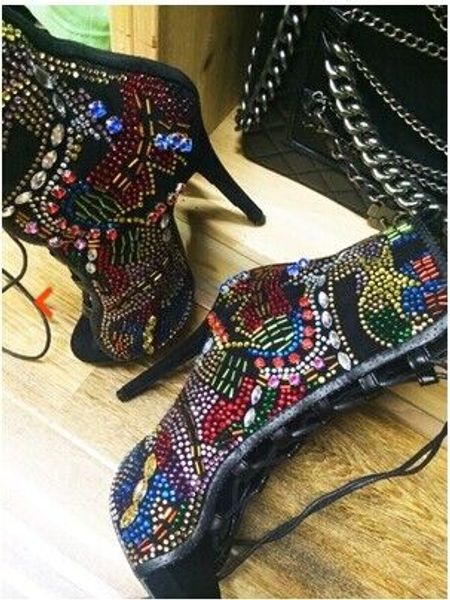 covered comic open toe booties lace up high heels summer sandals boots multicolor diamond ladies shoes, Black
covered comic open toe booties lace up high heels summer sandals boots multicolor diamond ladies shoes, Black