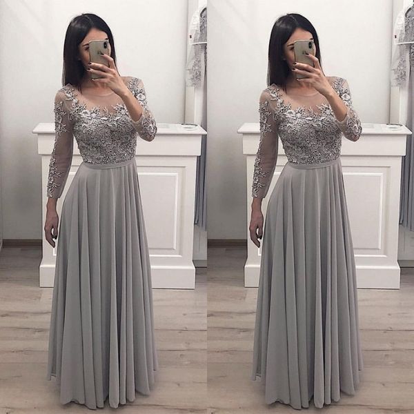 2019 delicate jewel neck illusion a line gray chiffon long sleeves prom dresses appliques floor length evening gown, Black
2019 delicate jewel neck illusion a line gray chiffon long sleeves prom dresses appliques floor length evening gown, Black