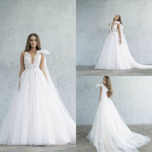 2020 berta beach wedding dresses tulle a line appliqued v neck boho wedding dress bridal gowns sweep train backless abiti da sposa, White