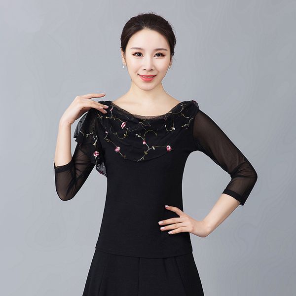 ballroom dance round neck three quarter sleeves perspective flower voile rumba samba latin competition shirt for women, Black;red
ballroom dance round neck three quarter sleeves perspective flower voile rumba samba latin competition shirt for women, Black;red