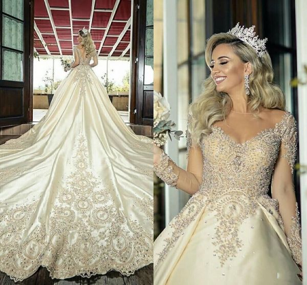 new arabic champagne wedding dresses ball gown long sleeves lace illusion crystal beads chapel train plus size a line formal bridal gowns, White 
new arabic champagne wedding dresses ball gown long sleeves lace illusion crystal beads chapel train plus size a line formal bridal gowns, White