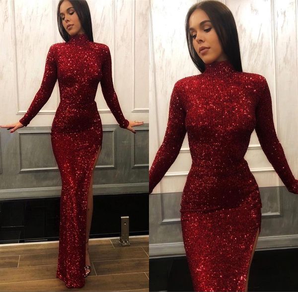 burgundy high neck sequins mermaid long prom dresses 2019 long sleeves split sweep train formal party wear gowns bc1372, Black
burgundy high neck sequins mermaid long prom dresses 2019 long sleeves split sweep train formal party wear gowns bc1372, Black