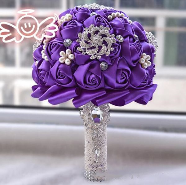 2019 wedding bridal bouquets with handmade flowers purple satin peals crystal rhinestone rose wedding supplies bride holding brooch bouquet