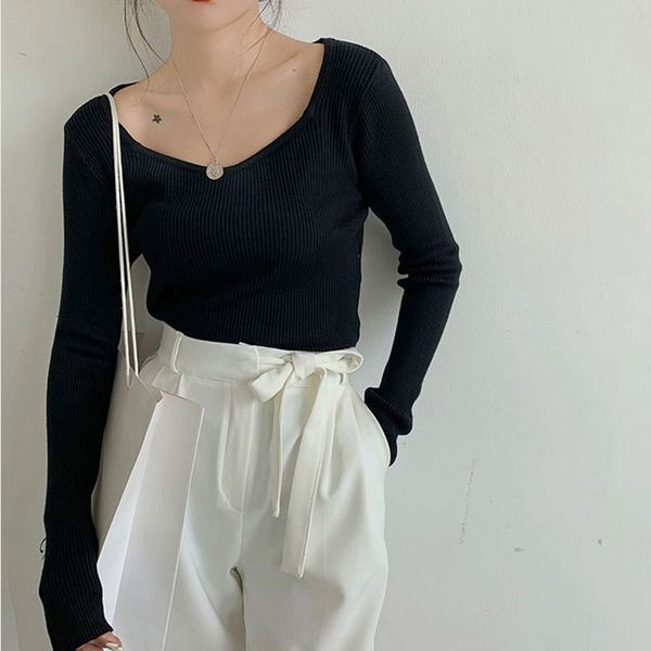fashion slim soft solid color women sweater korean style long sleeve square collar knit pullover, White;black
fashion slim soft solid color women sweater korean style long sleeve square collar knit pullover, White;black