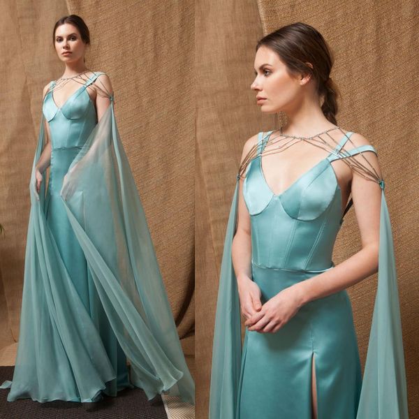 sage 2019 spaghetti prom dresses with long chiffon wraps side split satin floor length evening gowns plus size formal party dress, Black
sage 2019 spaghetti prom dresses with long chiffon wraps side split satin floor length evening gowns plus size formal party dress, Black
