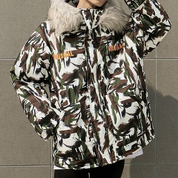 camouflage printed cotton padded jacket parkas korean version hip hop medium length fluffy collar loose hooded cotton jacket, Black
camouflage printed cotton padded jacket parkas korean version hip hop medium length fluffy collar loose hooded cotton jacket, Black