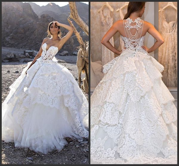 2020 new stunning lace wedding dresses pearls sheer plunging neck a-line lace-up back sweep train tulle tiered bridal gowns, White
2020 new stunning lace wedding dresses pearls sheer plunging neck a-line lace-up back sweep train tulle tiered bridal gowns, White
