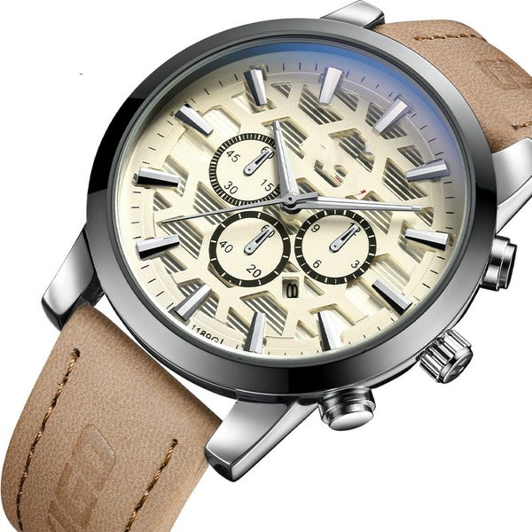 new casual fashion men's watch waterproof leather sports men's calendar quartz watch, Slivery;brown
new casual fashion men's watch waterproof leather sports men's calendar quartz watch, Slivery;brown