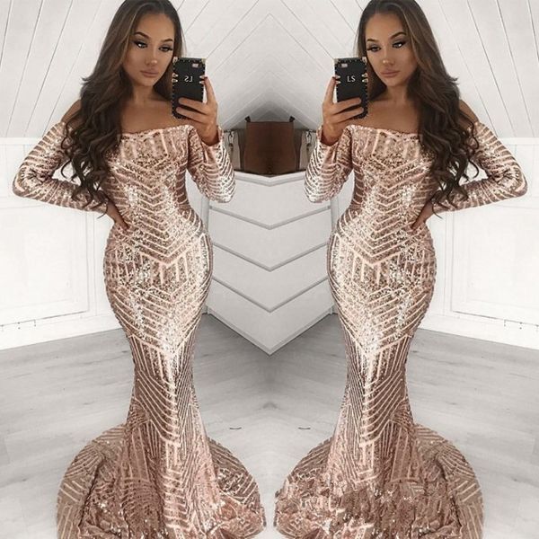 gorgeous long sleeve sequins prom dresses 2019 sparkly rose gold off shoulder sweep train mermaid occasion evening wear dress, White;black
gorgeous long sleeve sequins prom dresses 2019 sparkly rose gold off shoulder sweep train mermaid occasion evening wear dress, White;black