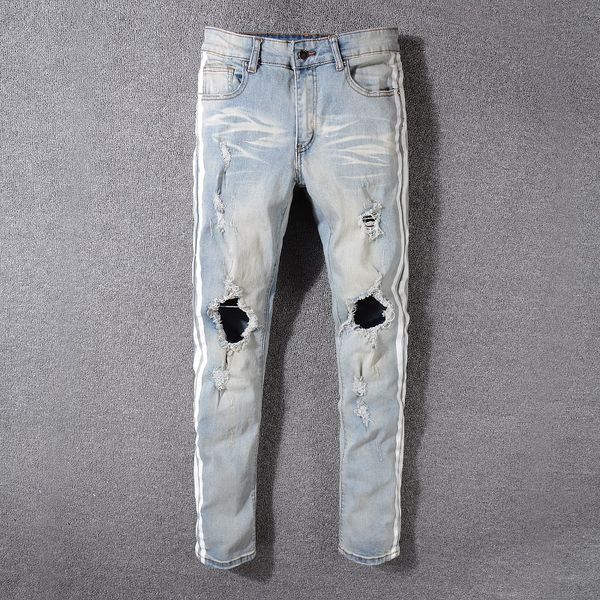 2019 SexeMara NEW ITALY STYLE distressed men destroyed pants snake skin patches black Skinny Biker Slim Jeans Pants #5321