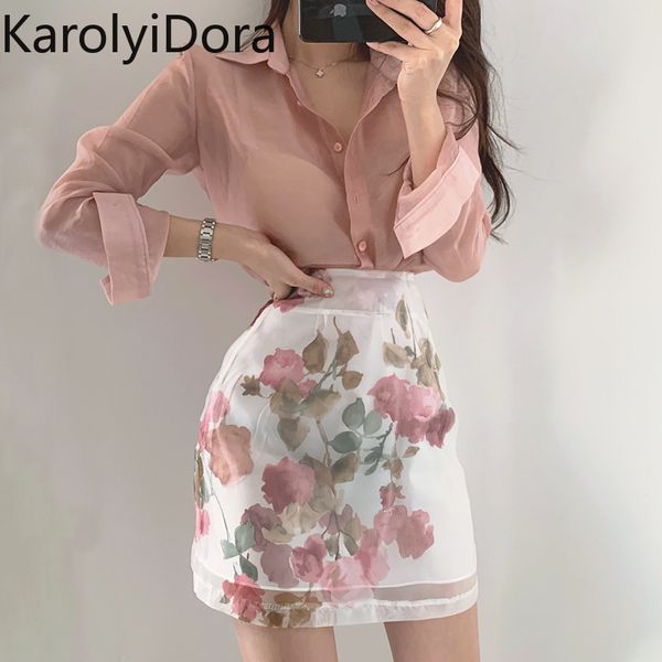 women summer 2 piece set transparent long sleeve pink chiffon shirt + high waist floral print a line skirts sets, White
women summer 2 piece set transparent long sleeve pink chiffon shirt + high waist floral print a line skirts sets, White