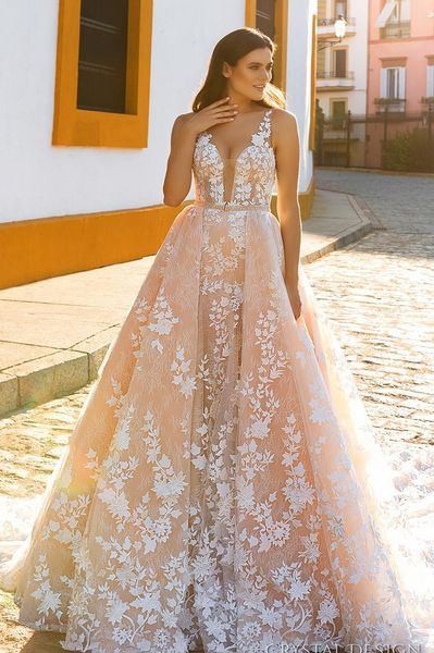 2020 crystal design bridal sleeveless straps deep plunging full embellishment blush color a line wedding dresses sheer back royal train, White
2020 crystal design bridal sleeveless straps deep plunging full embellishment blush color a line wedding dresses sheer back royal train, White