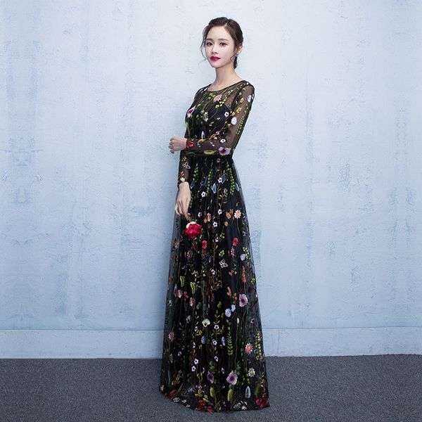 black floral long sleeves illusion appliques elegant zipper evening party dress 2019 floor length formal prom dresses, White;black
black floral long sleeves illusion appliques elegant zipper evening party dress 2019 floor length formal prom dresses, White;black