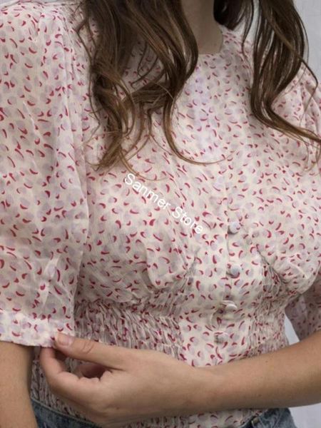 

women's blouses & shirts women short blouse puff sleeve front buttoned ruffled hem vintage o-neck print semi-sheer french, White