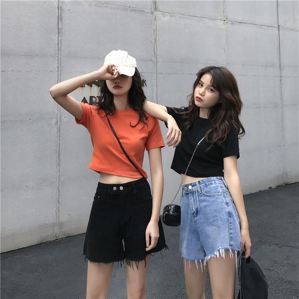 

2019 new high-waisted wide-leg shorts casual women's double-button fringed jeans, White;black