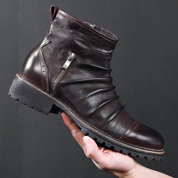 boots men comfortable casual leather boots men, Black