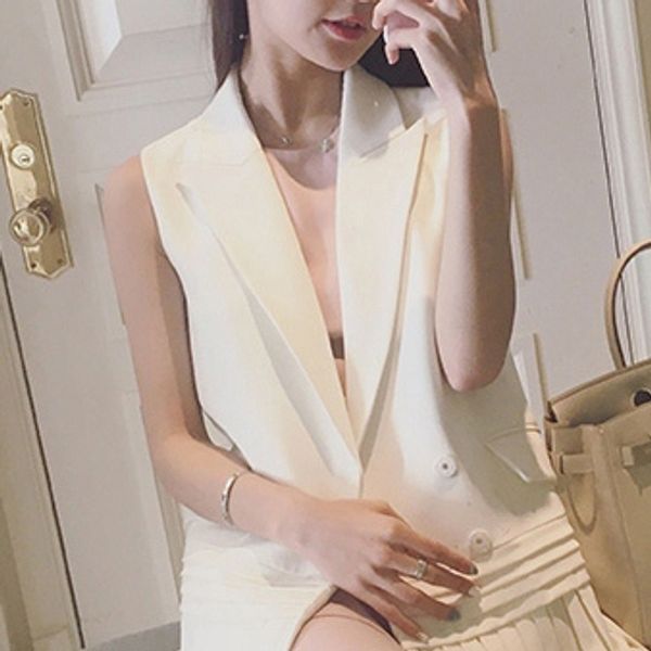 white vest sleeveless solid medium length chiffon pockets turn down collar double breasted bouffancy women feshion 2019, Black;white
white vest sleeveless solid medium length chiffon pockets turn down collar double breasted bouffancy women feshion 2019, Black;white