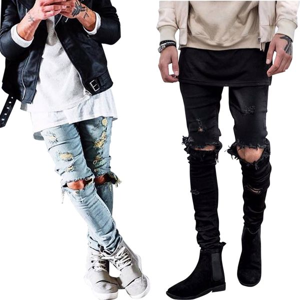 

2019 street designer destroyed ripped skinny distressed male comfortable pants men biker jeans hiphop, Blue