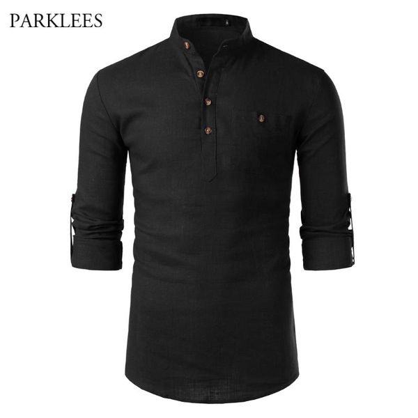 solid color cotton linen shirt men mandarin collar long sleeve mens dress shirts with pocket casual business work chemise homme, White;black 
solid color cotton linen shirt men mandarin collar long sleeve mens dress shirts with pocket casual business work chemise homme, White;black