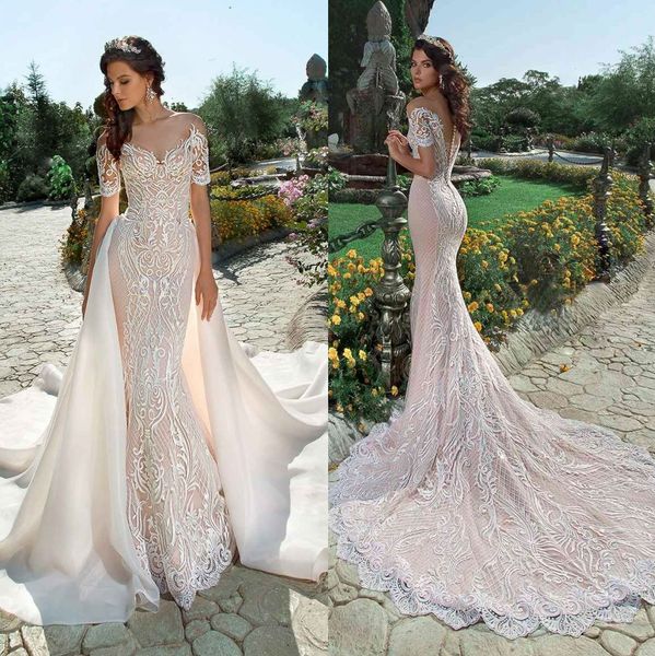 amazing mermaid lace wedding dresses with detchable train v neck short sleeves bridal gowns trumpet satin plus size robe de mariée, White
amazing mermaid lace wedding dresses with detchable train v neck short sleeves bridal gowns trumpet satin plus size robe de mariée, White