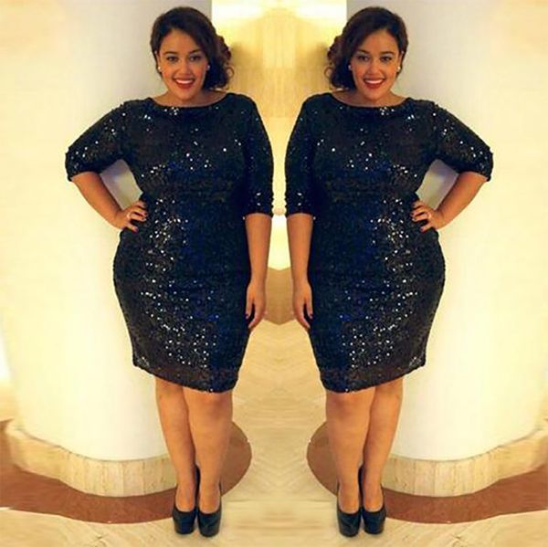 sparkly navy plus size cocktail dress half sleeve knee length sheath shiny sequined party gowns custom size sd3406, Black
sparkly navy plus size cocktail dress half sleeve knee length sheath shiny sequined party gowns custom size sd3406, Black