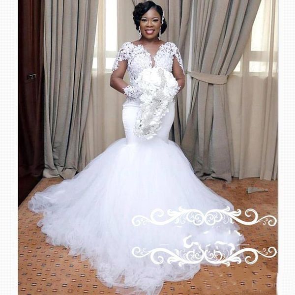 2019 new lace appliques mermaid wedding dresses illusion long sleeves sheer jewel neck elegant bridal gowns plus size, White
2019 new lace appliques mermaid wedding dresses illusion long sleeves sheer jewel neck elegant bridal gowns plus size, White