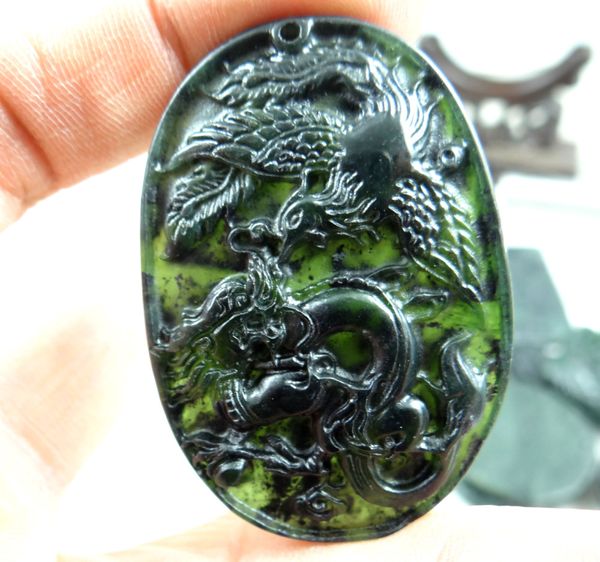 50*33wholesale natural chinese black green stone hand-carved statue of dragon and phoenix amulet pendant necklace jewelry making, Silver 
50*33wholesale natural chinese black green stone hand-carved statue of dragon and phoenix amulet pendant necklace jewelry making, Silver