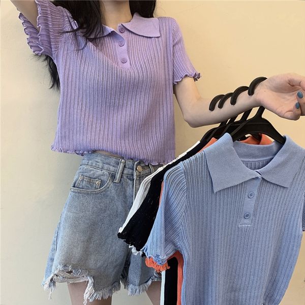 2020 short-sleeved knitted women's short polo shirt collar base shirt ice silk loose short-sleeved knitted t-shirt, White