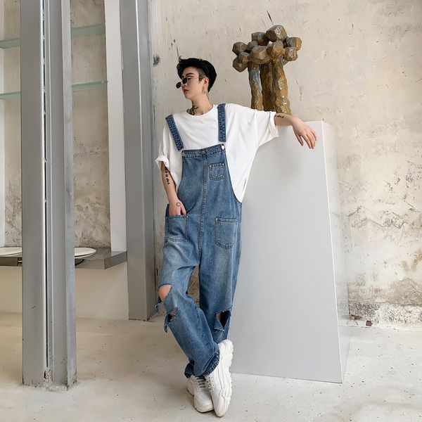 men's casual loose hole bib overalls jeans male vintage fashion streetwear hip hop denim jumpsuits huge pants, Blue
men's casual loose hole bib overalls jeans male vintage fashion streetwear hip hop denim jumpsuits huge pants, Blue
